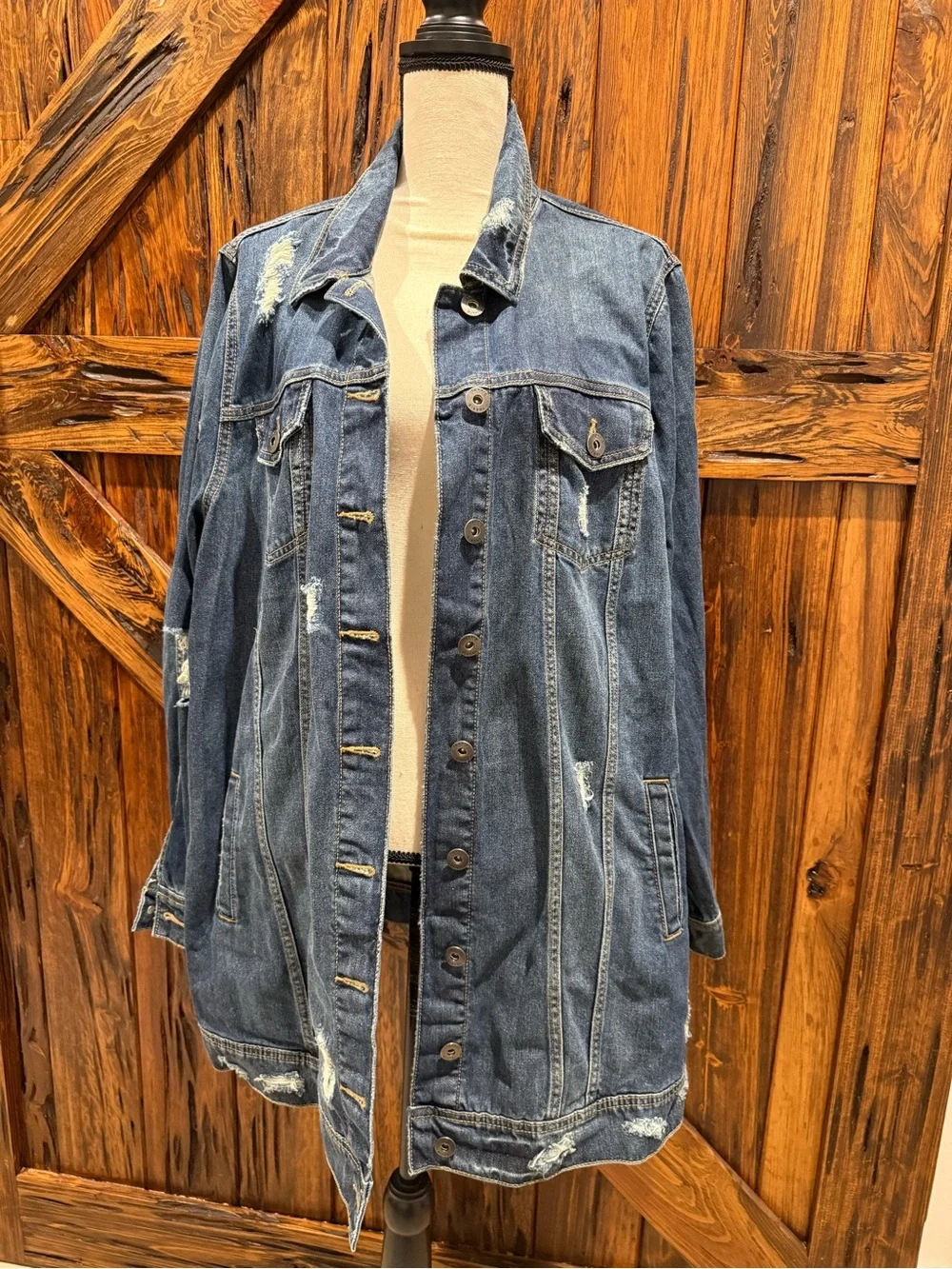 torrid Distressed Long Blue Denim Jacket